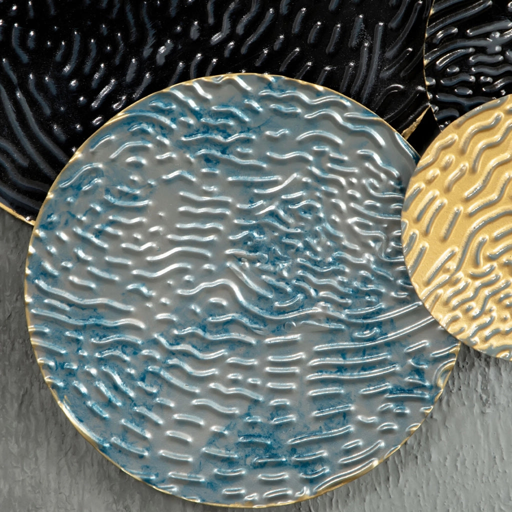Desviae Decorazione murale 3d in ferro con cerchi ondulati dipinti a mano blu oro e nero 121 × 53 cm per soggiorno