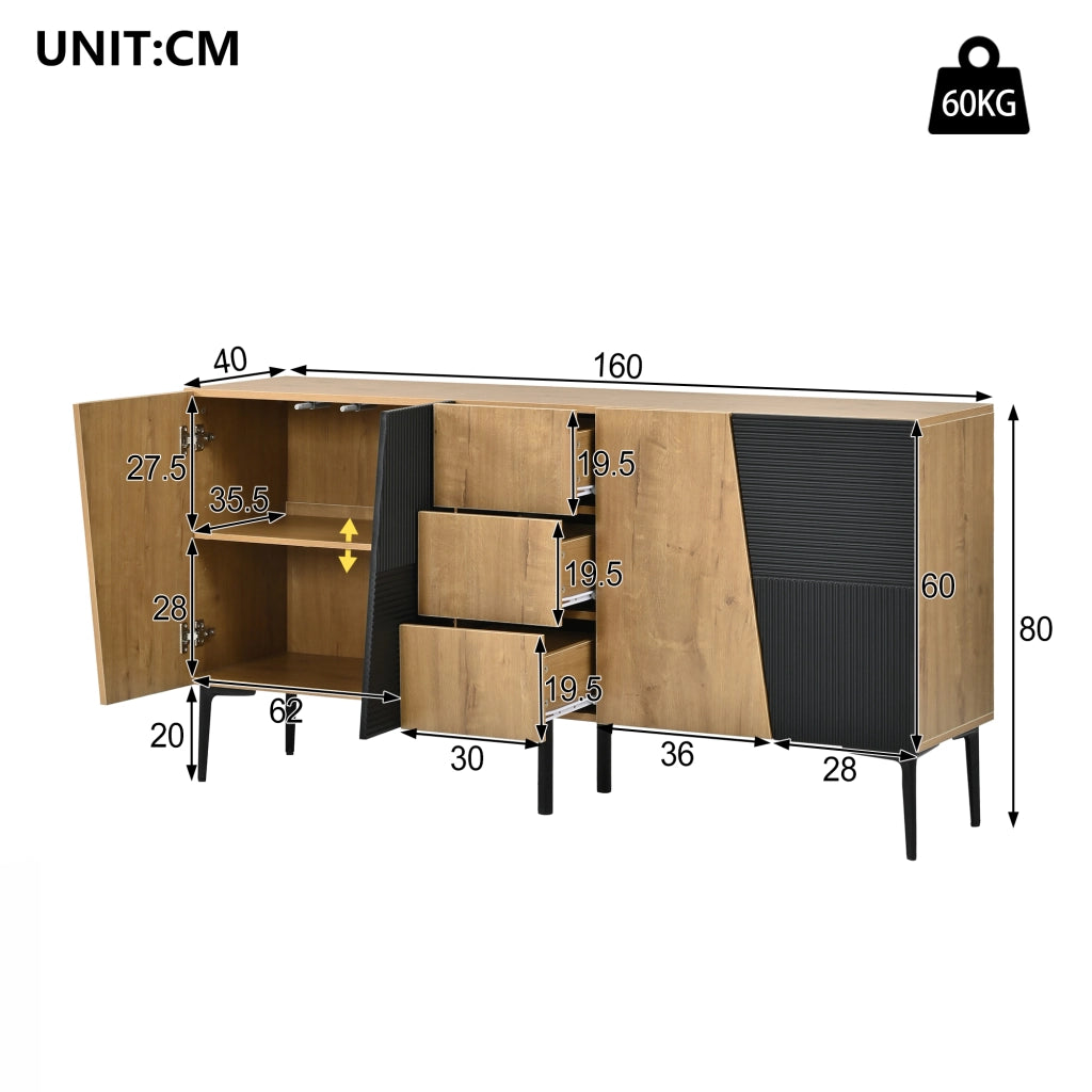 Credenza con 4 ante, 3 cassetti e ripiani regolabili per soggiorno, in truciolare nero e naturale, 160 × 40 × 80 cm