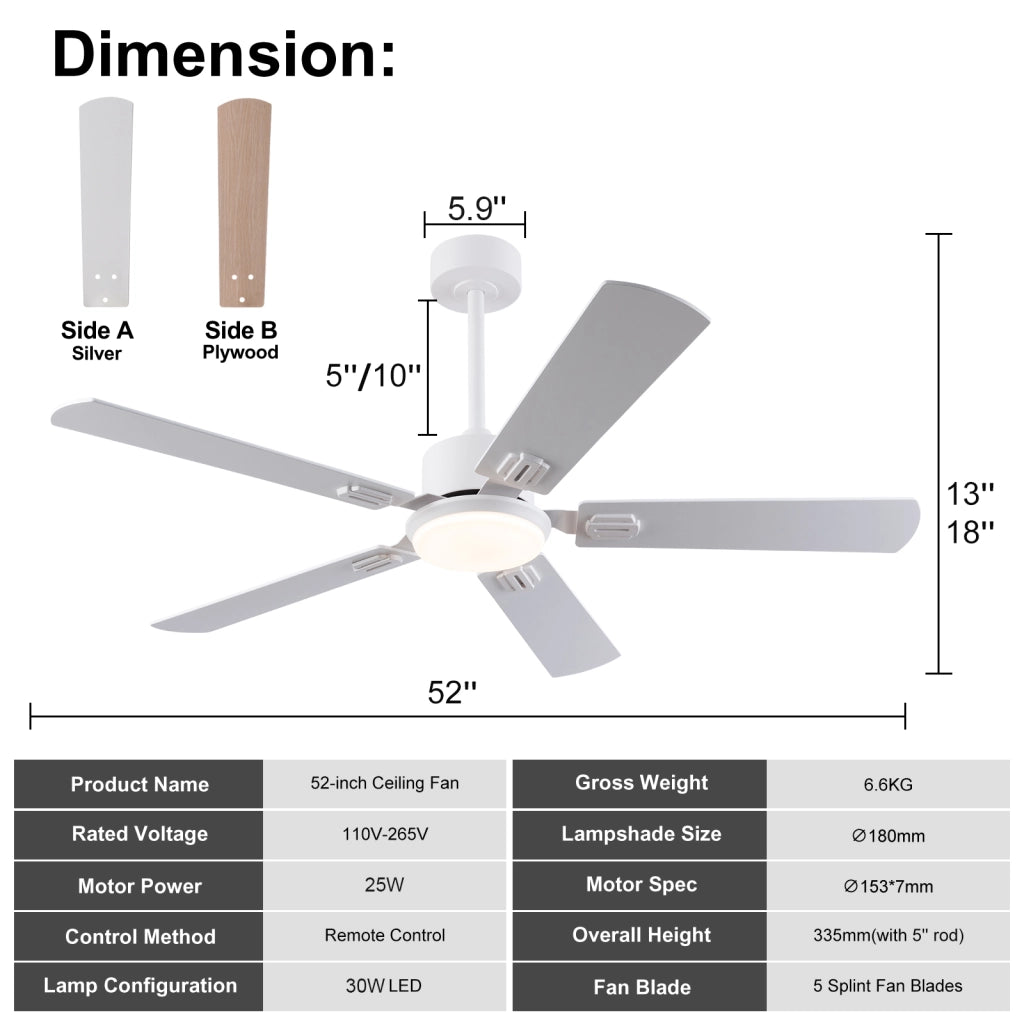 Ventilatore da soffitto con luce LED dimmerabile; telecomando e finitura bianca e rovere chiaro