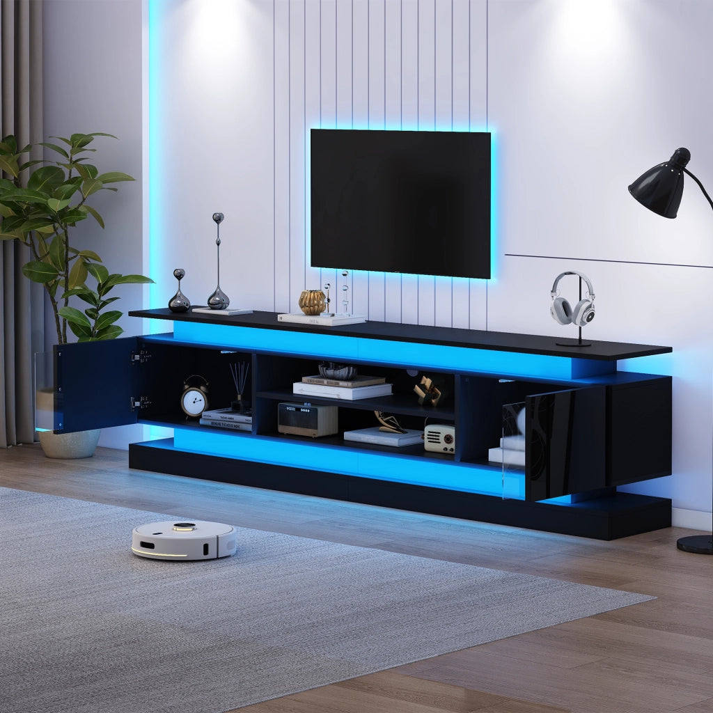 Mobile TV 180 × 35 × 60 cm con 2 ante push to open e LED RGB Bluetooth in MDF nero lucido
