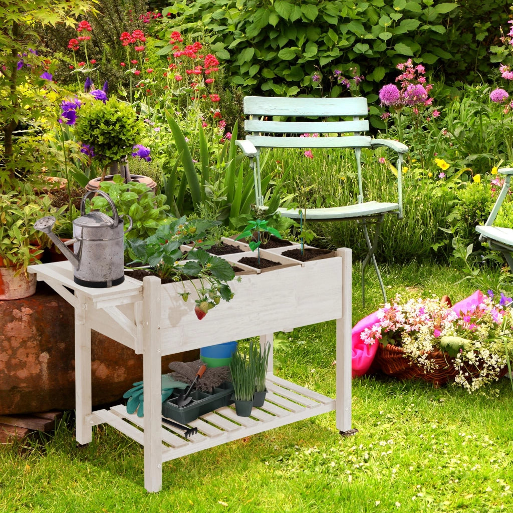 Fioriera Rialzata da Esterno a 8 Sezioni in Legno di Abete con Ripiano Laterale e Mensola Inferiore per Giardino 123x54x87 cm