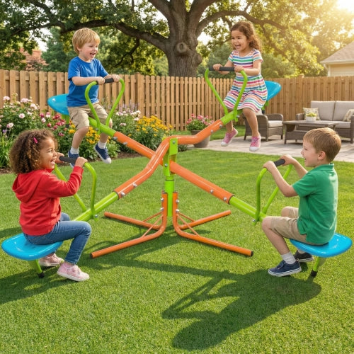 Area giochi a bilico girevole a 360 gradi con quattro sedili e maniglie in acciaio verde per bambini dai 3 anni