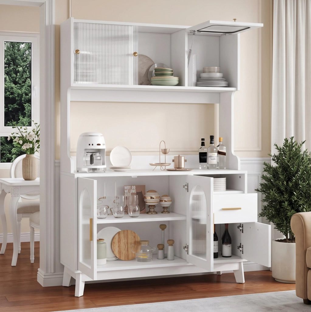 Credenza alta bianca con prese integrate e porte USB