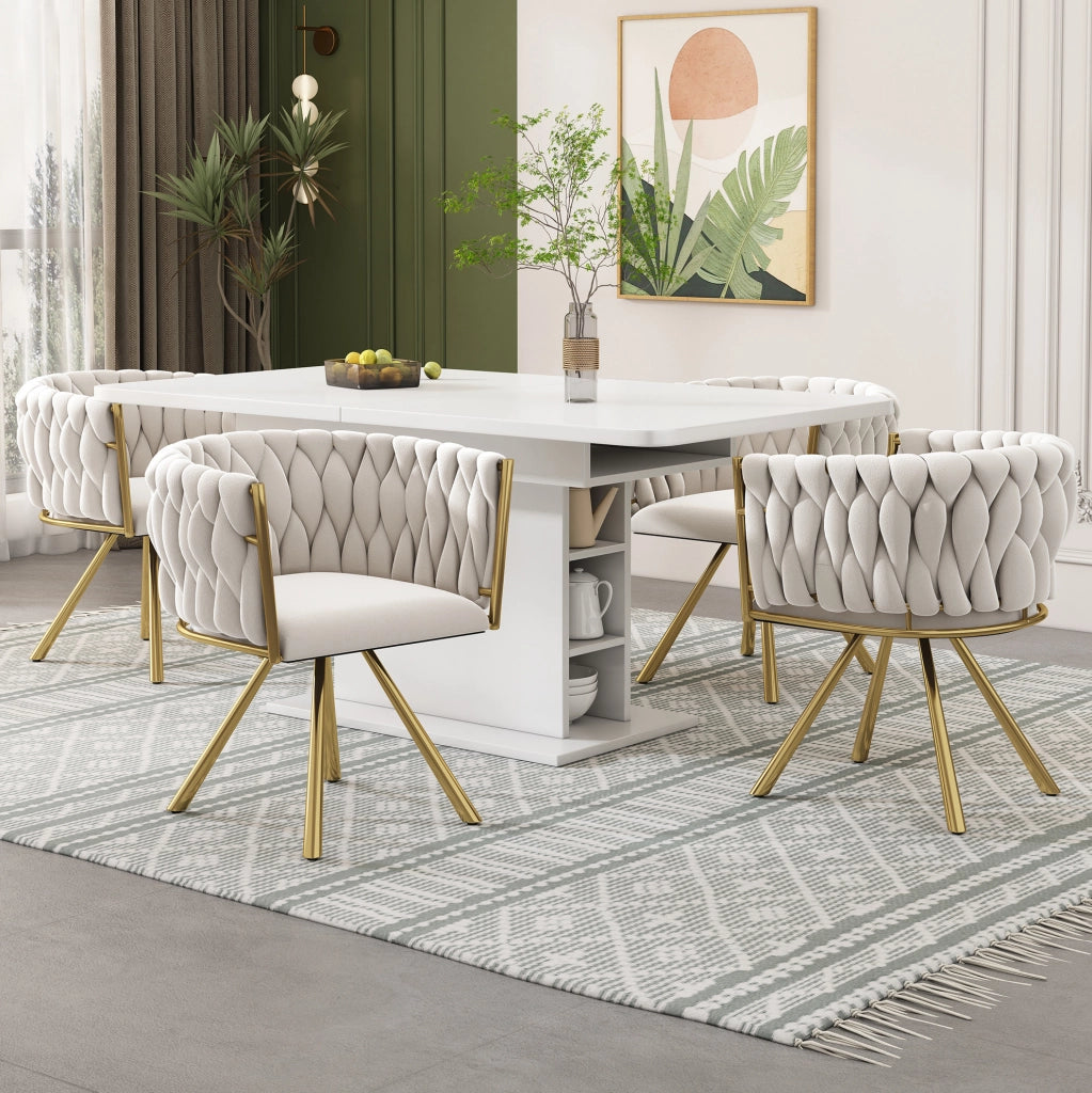 Sedia da pranzo girevole in velluto beige e oro
