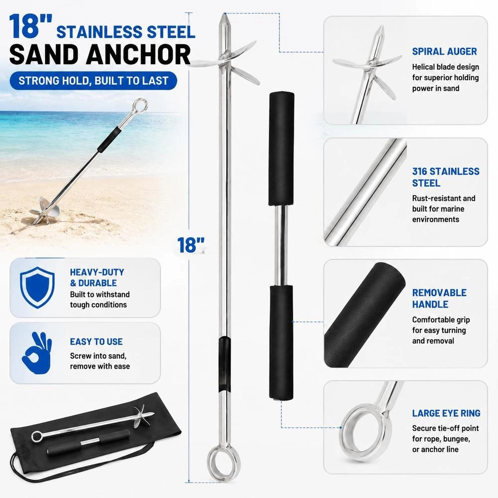 Sand Anchor For Beach And Sandbank, 45 Cm Screw Anchor Made Of 316 Stainless Steel With Removable Handle, Bungee Cord And Carrying Bag, For Jet Ski, PWC, Pontoon Kayak