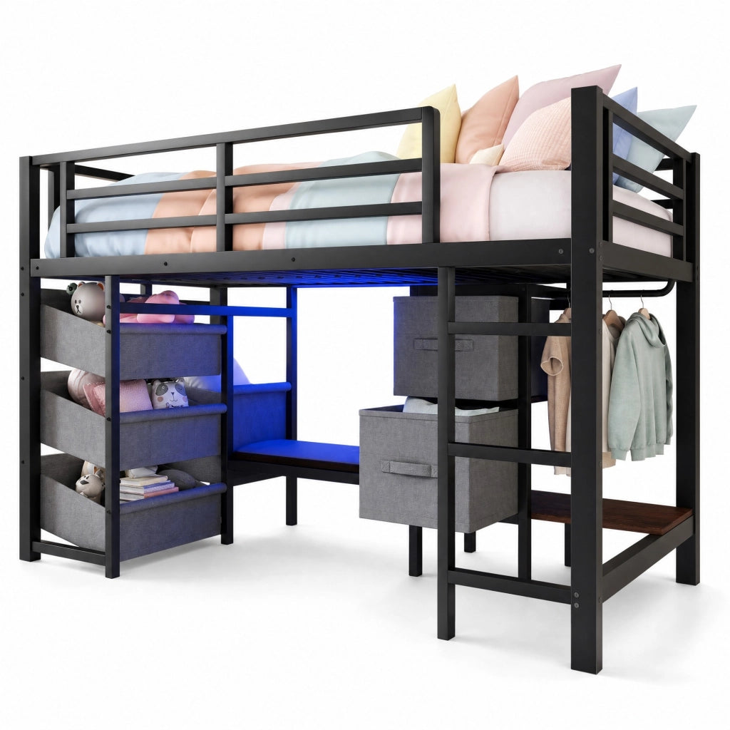 Letto rialzato 90x200 cm in metallo con LED multicolore, cuscino e spazio contenitivo