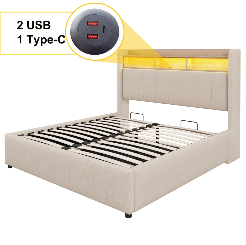 Letto matrimoniale imbottito 140x200 cm con LED, USB e contenitore idraulico, beige