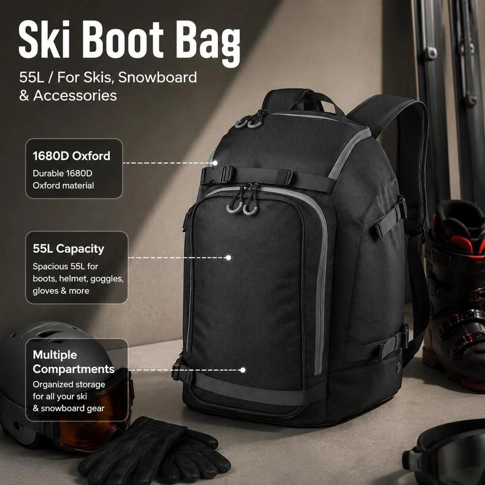 Ski Bag, 55 L, Travel Backpack For Snowboard Boots, Ski Boot Bag Made Of Durable 1680D Oxford, Ski Bag For Skis, Snowboard, Helmet, Goggles, Gloves, Accessories (black)