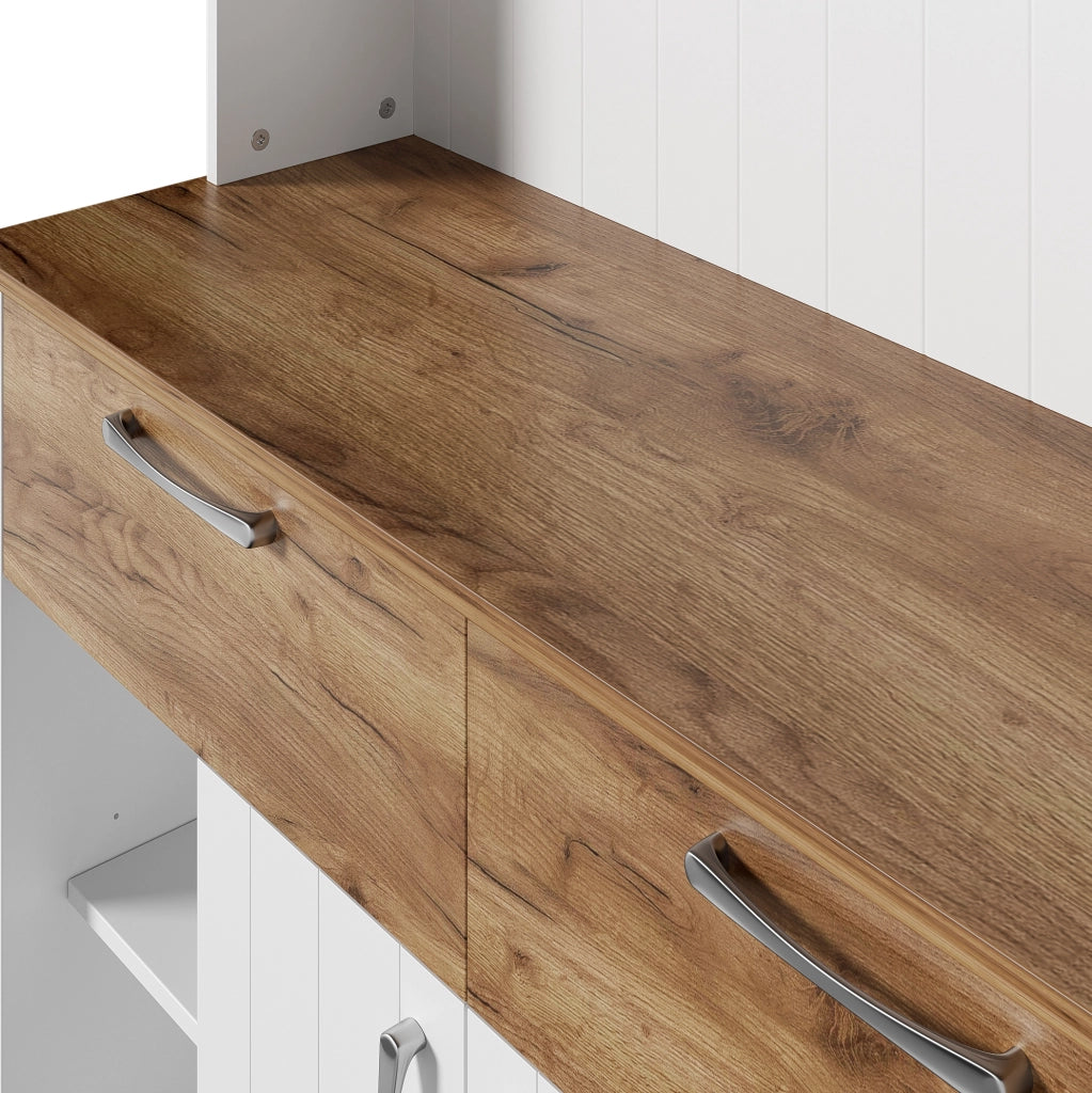 Buffet grande da cucina con ampio spazio di archiviazione, vetri trasparenti, 2 cassetti, ante e appendiabiti – 106×39×176,5 cm, bianco e color legno