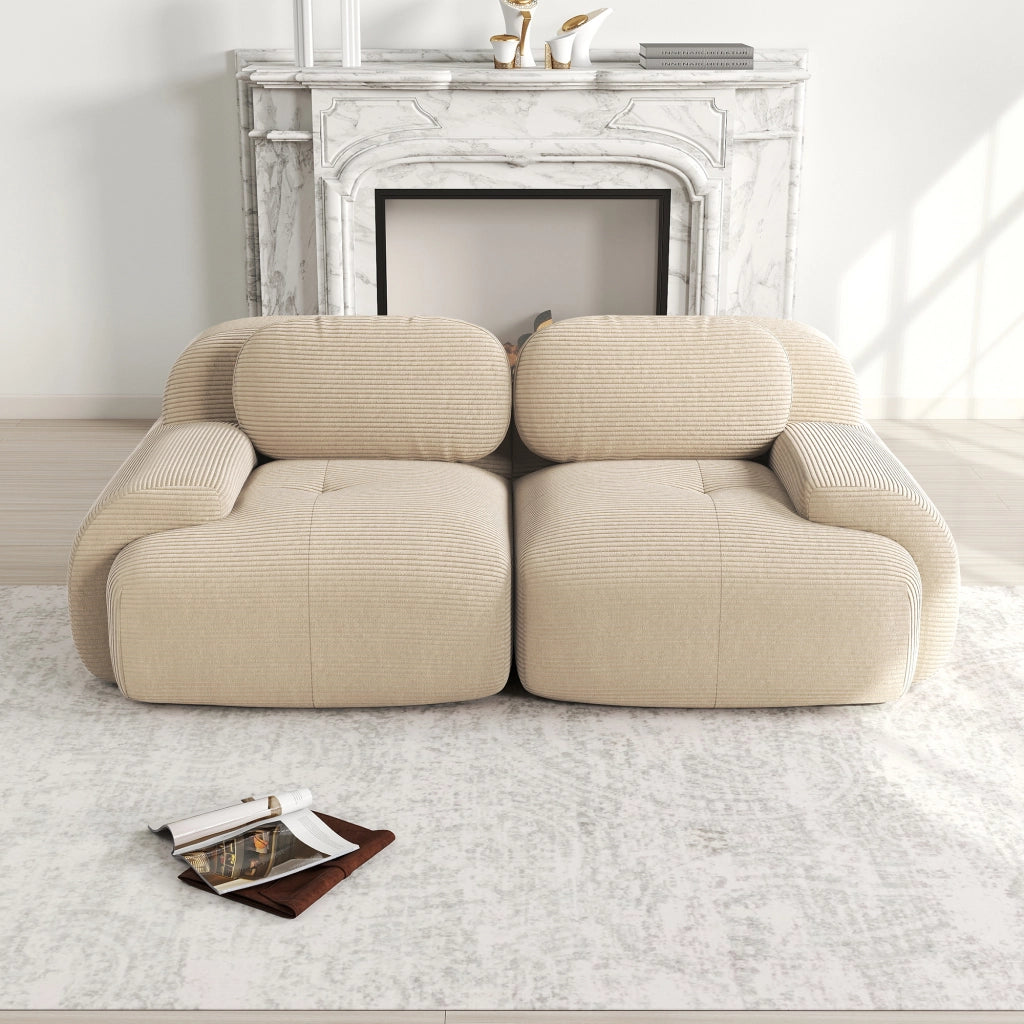 Divano modulare 2 208x103x75 cm; senza telaio con braccioli curvi; seduta antiscivolo ad alta densità; tessuto velluto a coste; beige