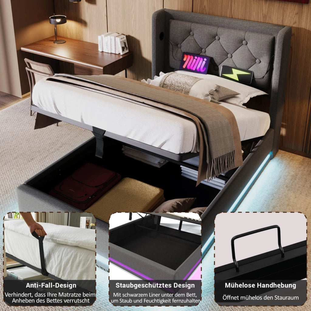 Letto singolo contenitore 90x200 cm grigio con LED e USB-C