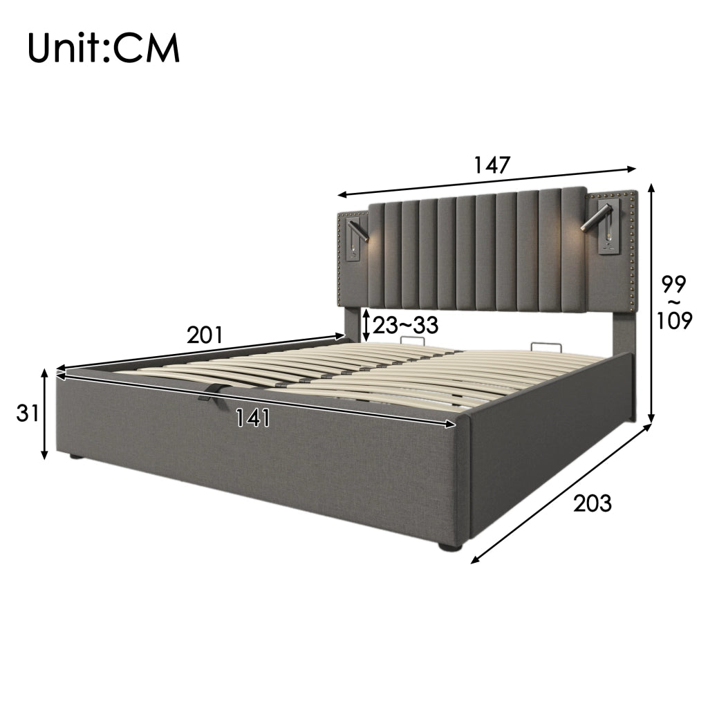 Letto imbottito 140x200 con contenitore; grigio