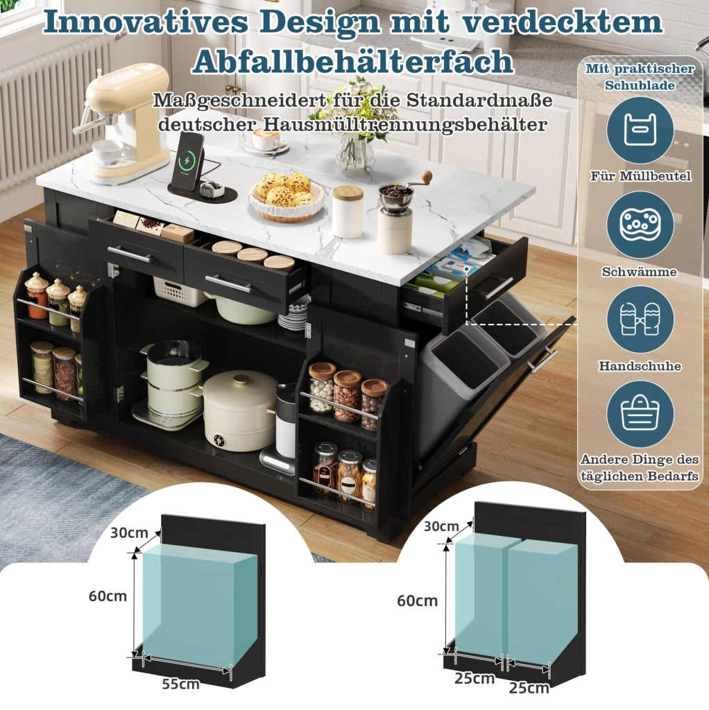Isola cucina moderna 138 cm con piano lavoro in effetto marmo, ruote silenziose, prese EU, scaffali regolabili e vano estraibile per rifiuti nero