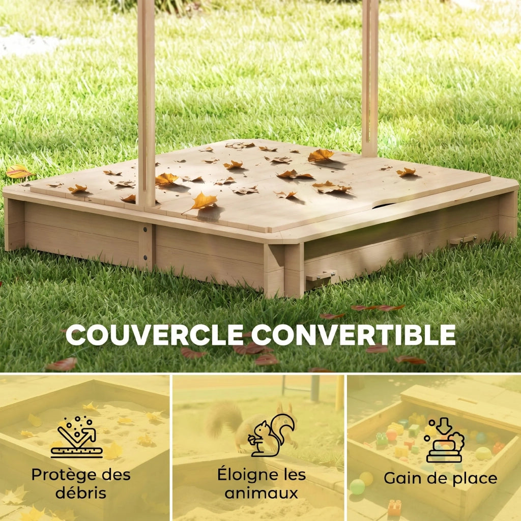 Sabbiera quadrata per bambini 106 x 106 x 115 cm panche trasformabili tetto regolabile scandinavo essenziale giardino in legno naturale 21_0000344