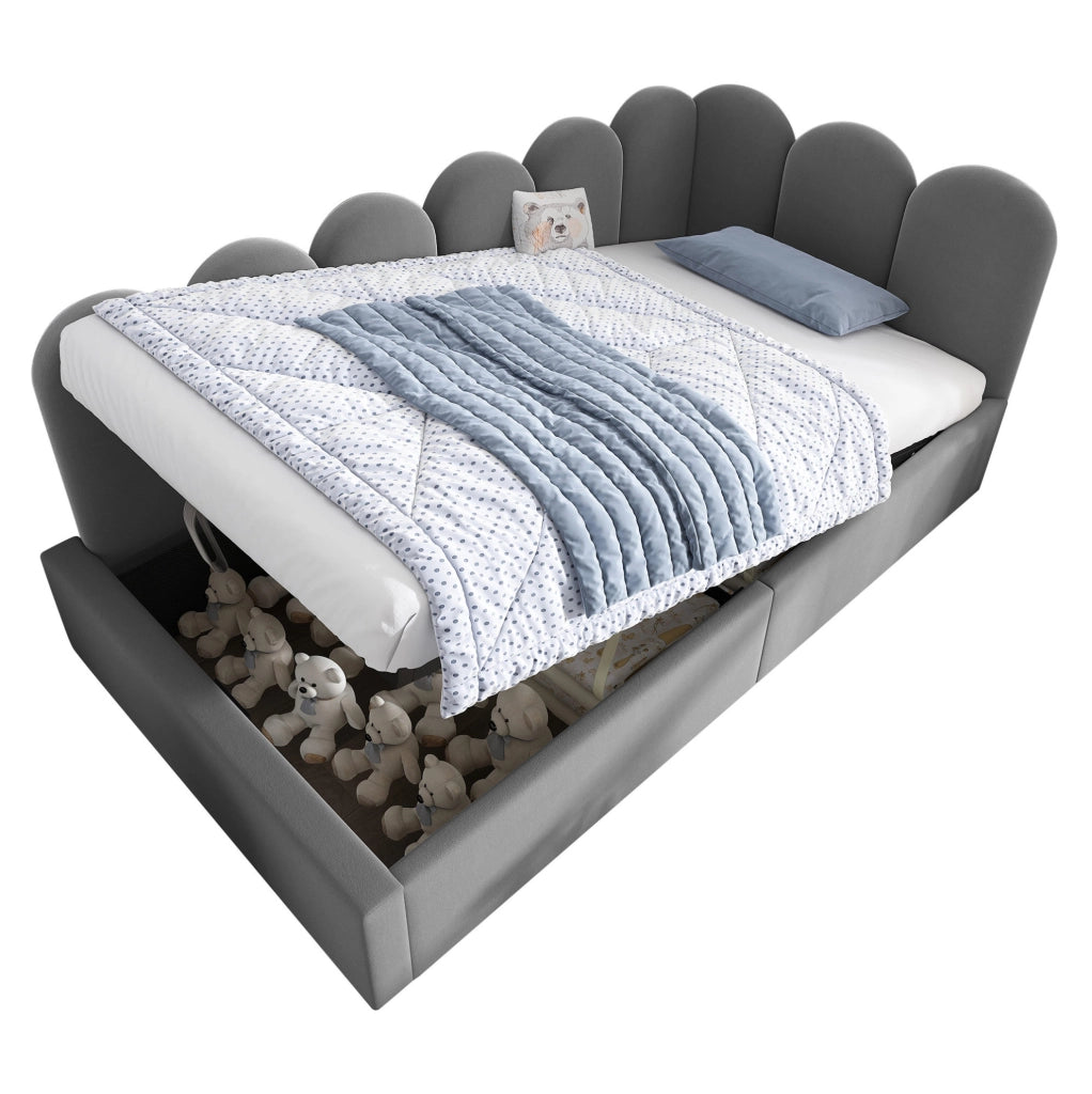 Letto singolo in velluto grigio 90x200 cm con contenitore idraulico
