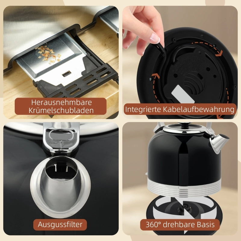 Set Bollitore e Tostapane, 1,7 L, 7 Livelli di Doratura, Plastica e Acciaio Inox, Nero