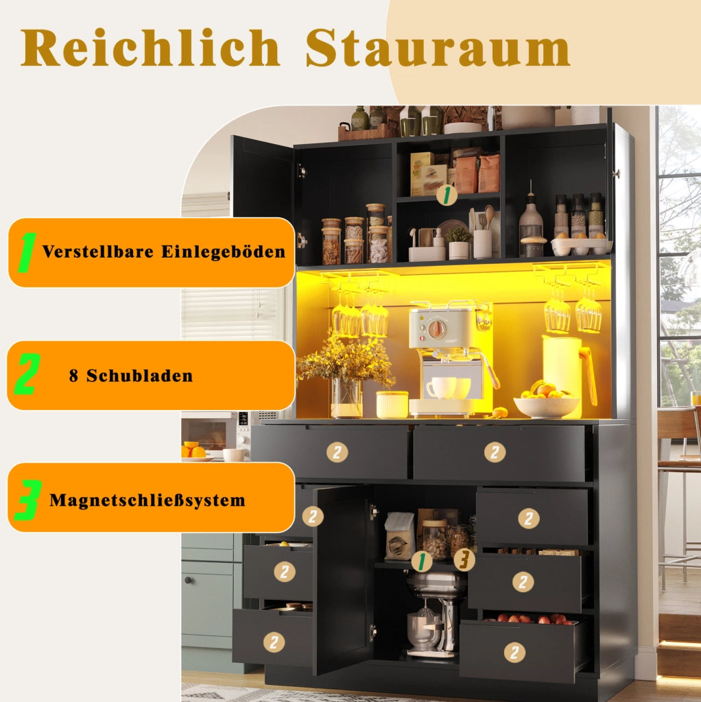 Colonna cucina con LED smart, 8 cassetti, MDF, nera