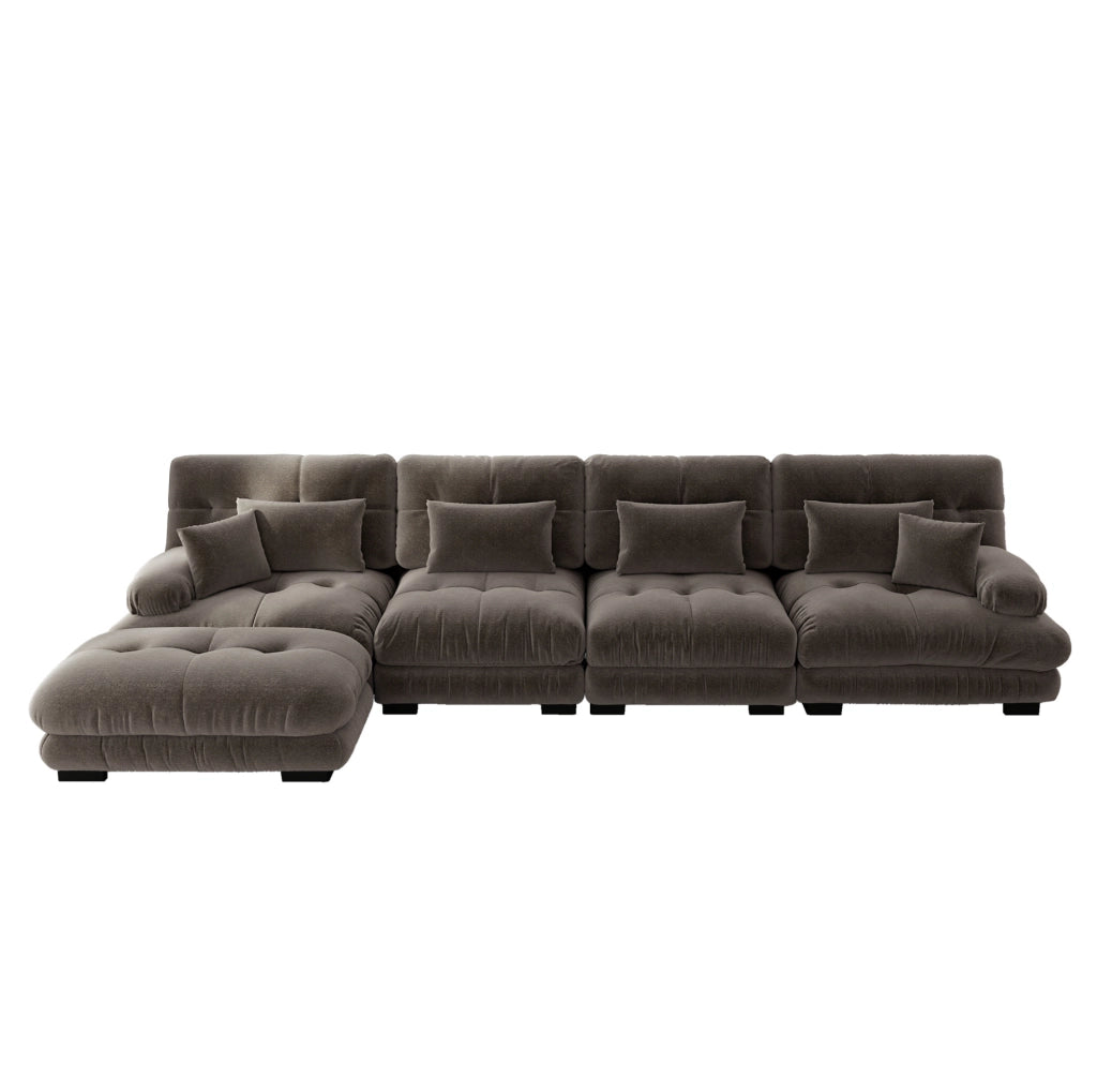 Divano modulare a L in chenille vintage marrone, 4 posti con pouf mobile