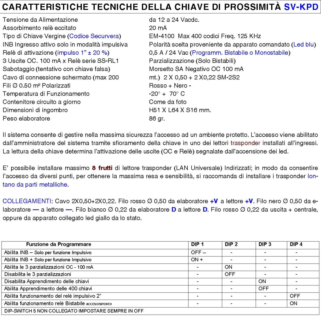 Kit Chiave Elettronica di Prossimità 9 Trasponder Lettore Modulo LAN Universale 501 RJ45 Alimentazione 12/24 Vac Relè Contatto C.NC.NA 2 A 24 V Funzione Impulsiva o Stabile Segnale di Stato 4 Led GRVB