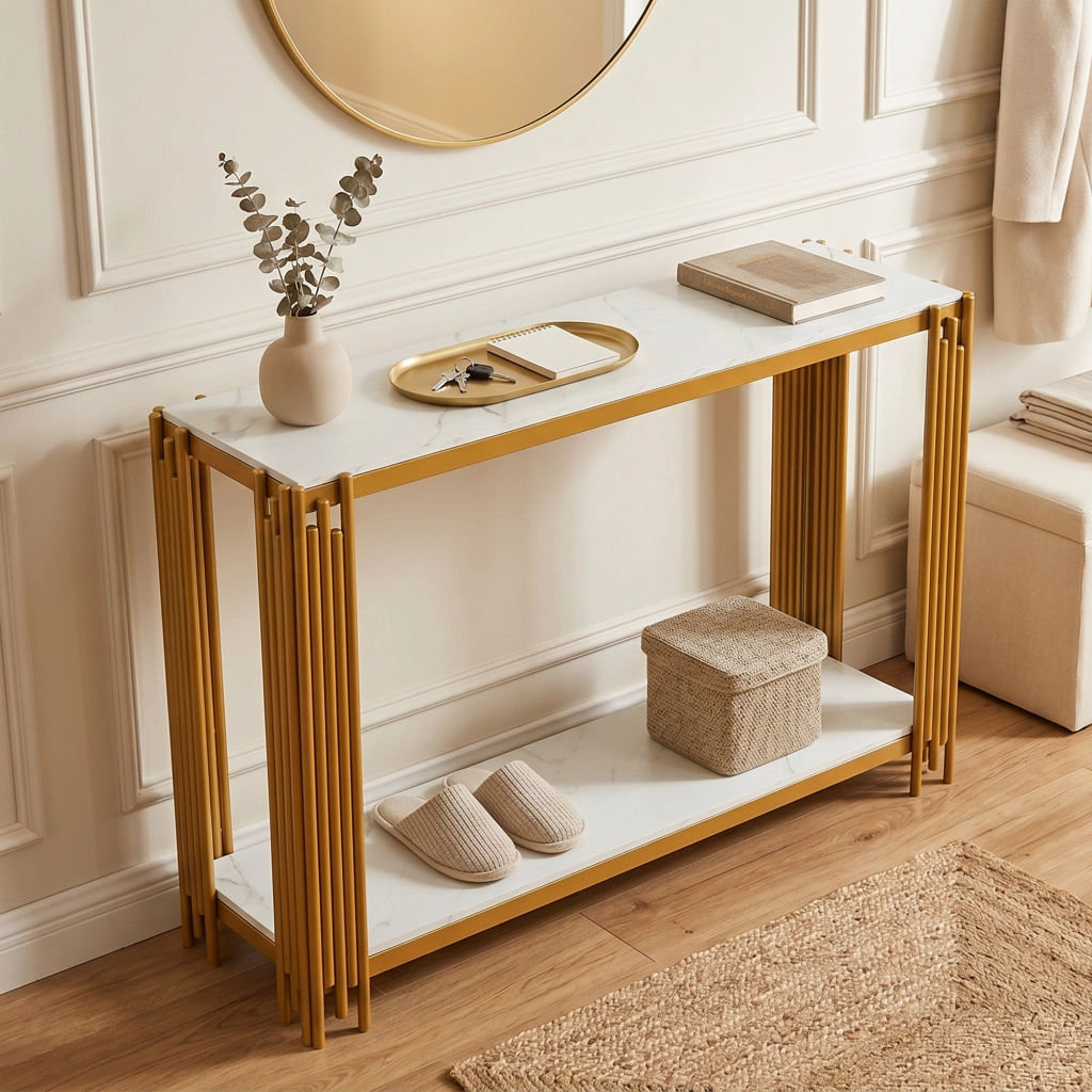 Tavolo consolle con 2 ripiani MDF e metallo oro e bianco