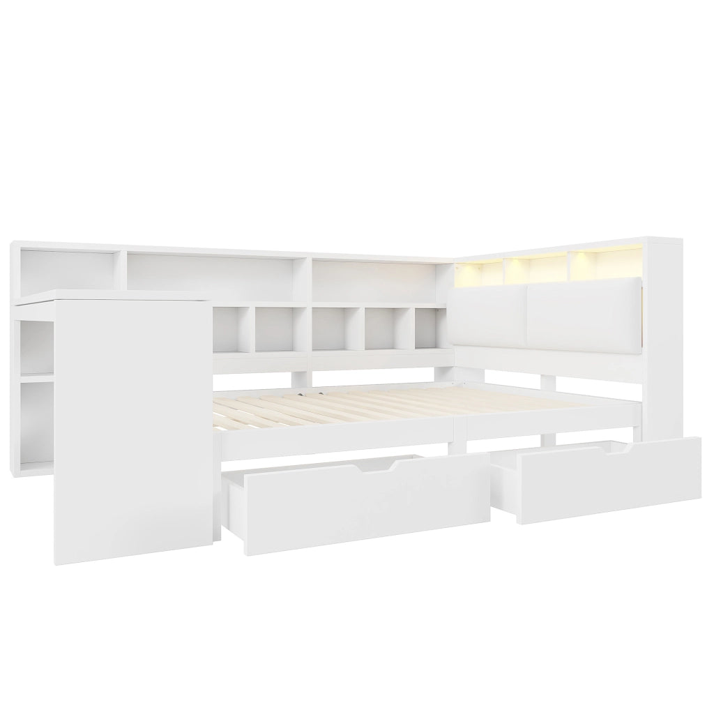 LETTO L con scrivania 140x200 cm Bianco con LED e libreria