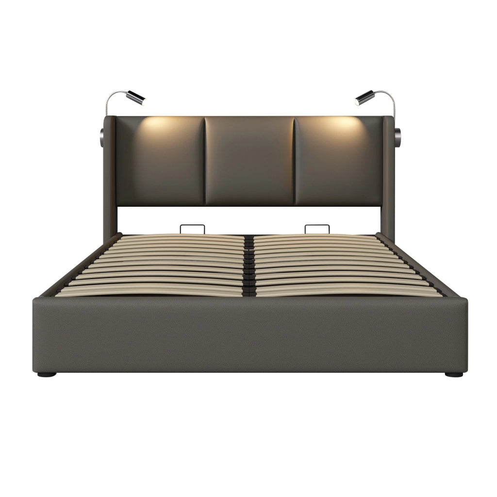Letto contenitore matrimoniale 160x200 cm grigio in similpelle con vano sotto la rete; lampade da lettura; materasso incluso