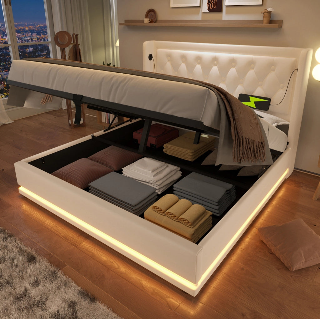 Letto contenitore matrimoniale 140 × 200 cm in PU bianco con LED; USB e Type-C