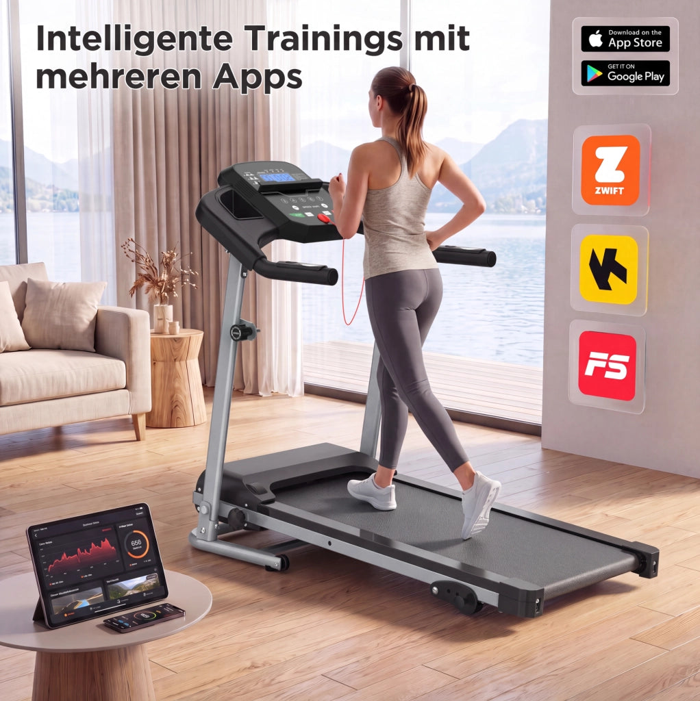 Tapis roulant pieghevole ULEVR con 3 programmi, display LED e superficie di corsa 100x39 cm, nero e grigio