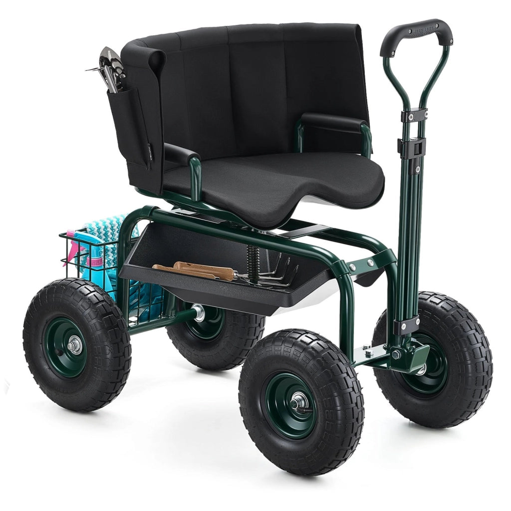 Carrello Sedile da Giardino TC4502F in Acciaio Verde con Ruote Portautensili Carico 181 kg Seduta Girevole 360 Regolabile per Giardinaggio