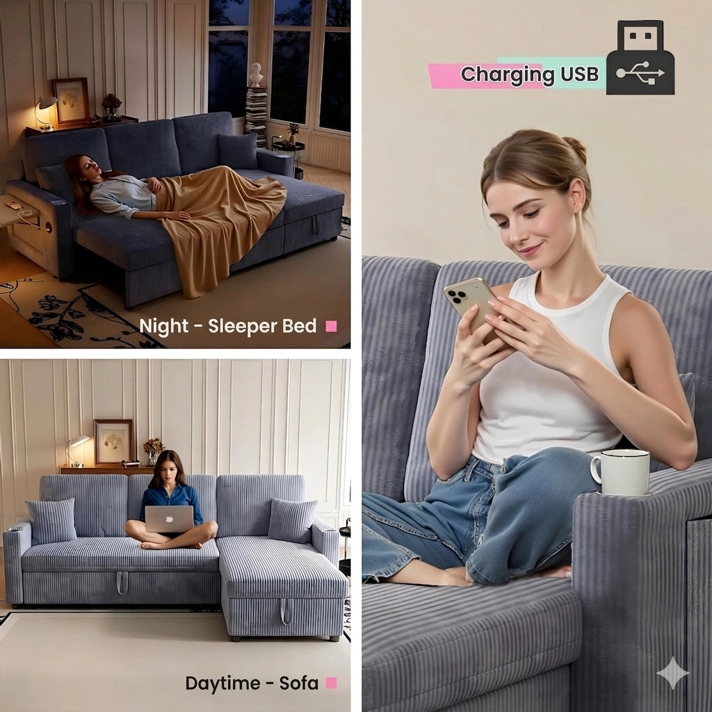 Divano letto angolare modulare - con contenitore; USB e tavolino - in corduroy grigio