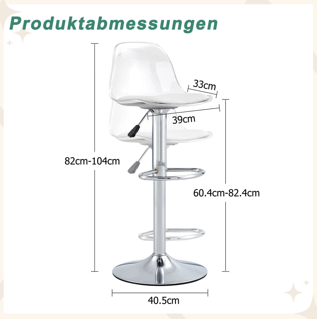 Set di 2 sgabelli da bar regolabili 82-104 cm con schienale trasparente; bianco e argento