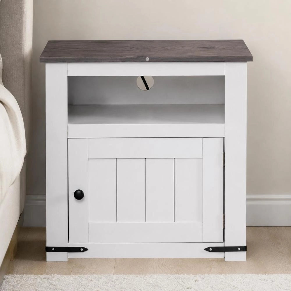 Country Style Nightstand With USB Charging Ports And Outlets, White Wood Grain 3-Tier Storage Side Table For Bedroom Living Room Study, 40x40x60 Cm