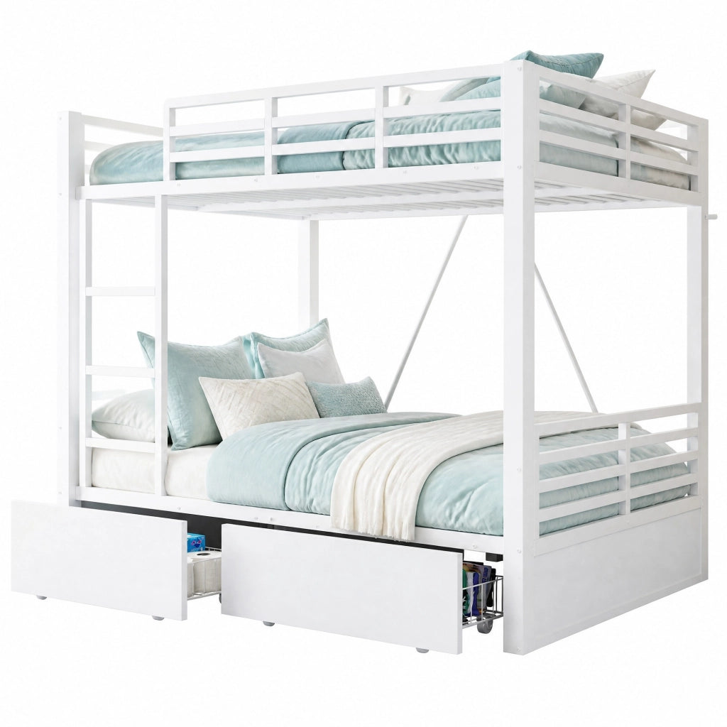 Letto a castello in metallo 140x200 cm con cassetti; scala e sponde; bianco