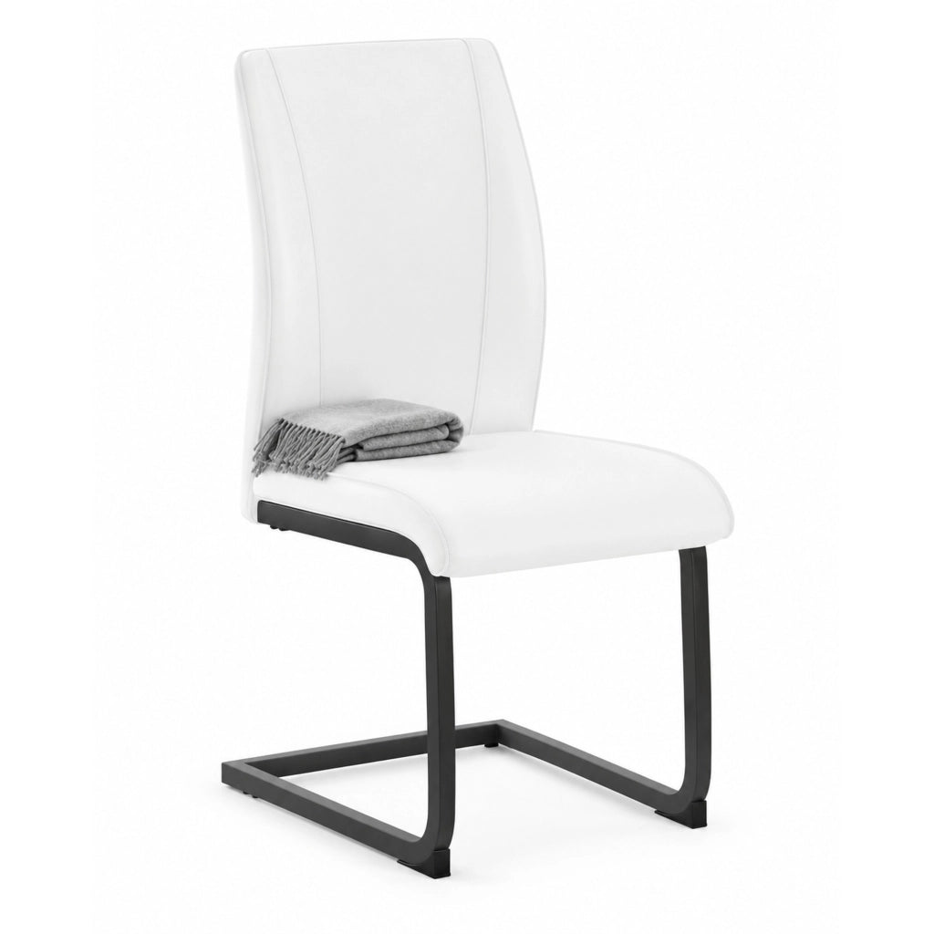Sedia da pranzo con schienale ergonomico in similpelle bianca e metallo nero