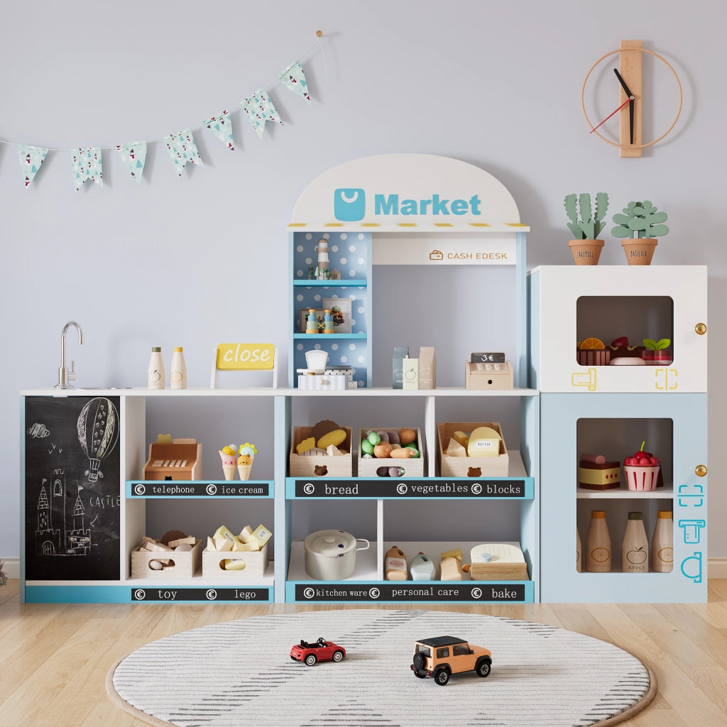 Desviae Negozio giocattolo per bambini con scaffali, frigorifero, lavagna e rubinetto blu in MDF 30 × 155 × 107,5 cm