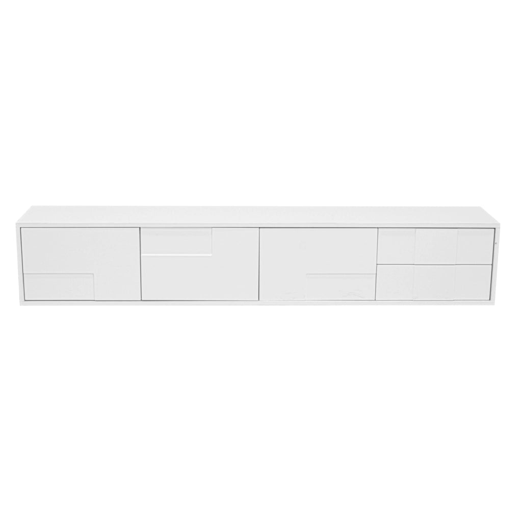 TV-Lowboard moderno bianco lucido 170 cm con 3 ante e 2 cassetti, montaggio a terra o sospeso, spazio contenitivo per soggiorno