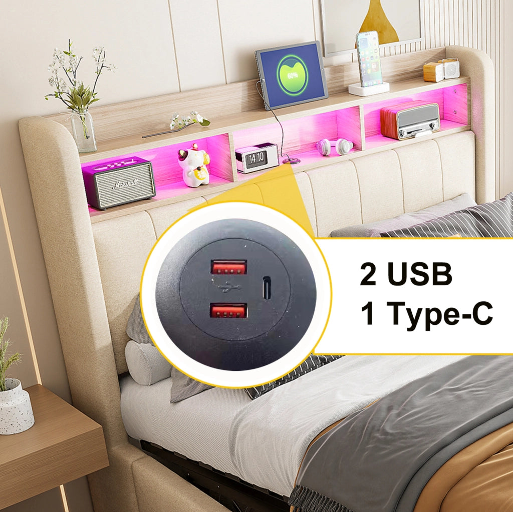 Letto matrimoniale imbottito 140x200 cm con LED, USB e contenitore idraulico, beige