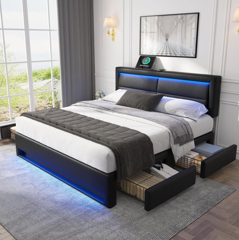 Letto imbottito 140x200 cm in PU nero con USB; LED e 4 cassetti