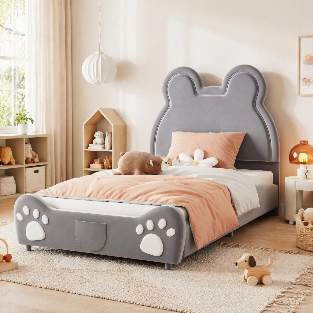 Letto imbottito per bambini a forma di orso grigio 90 x 200 cm