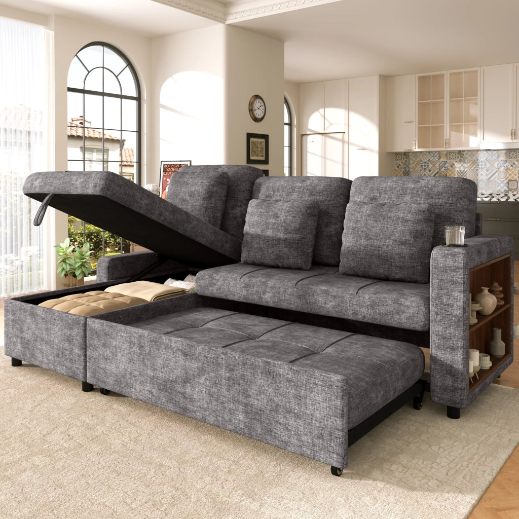 Divano letto 3 posti estraibile con récamiere contenitore portabicchieri tasche laterali in ciniglia grigio 201.3 × 126.1 × 86.1 cm