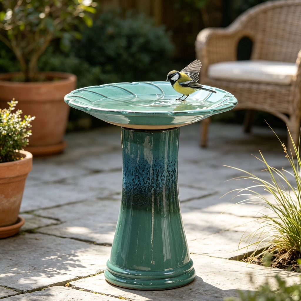 Fontana per uccelli in ceramica artigianale con bassorilievo a foglia, diametro 43 cm, altezza 45 cm, smalto lucido turchese sfumato, resistente alle intemperie per giardino e terrazza
