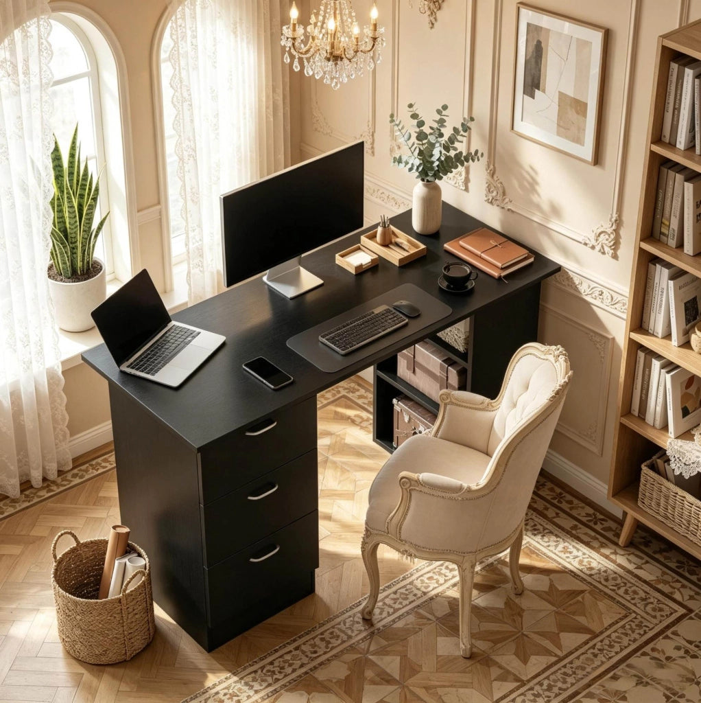 Scrivania per computer nera in MDF 120 x 49 cm con 3 cassetti e 3 ripiani