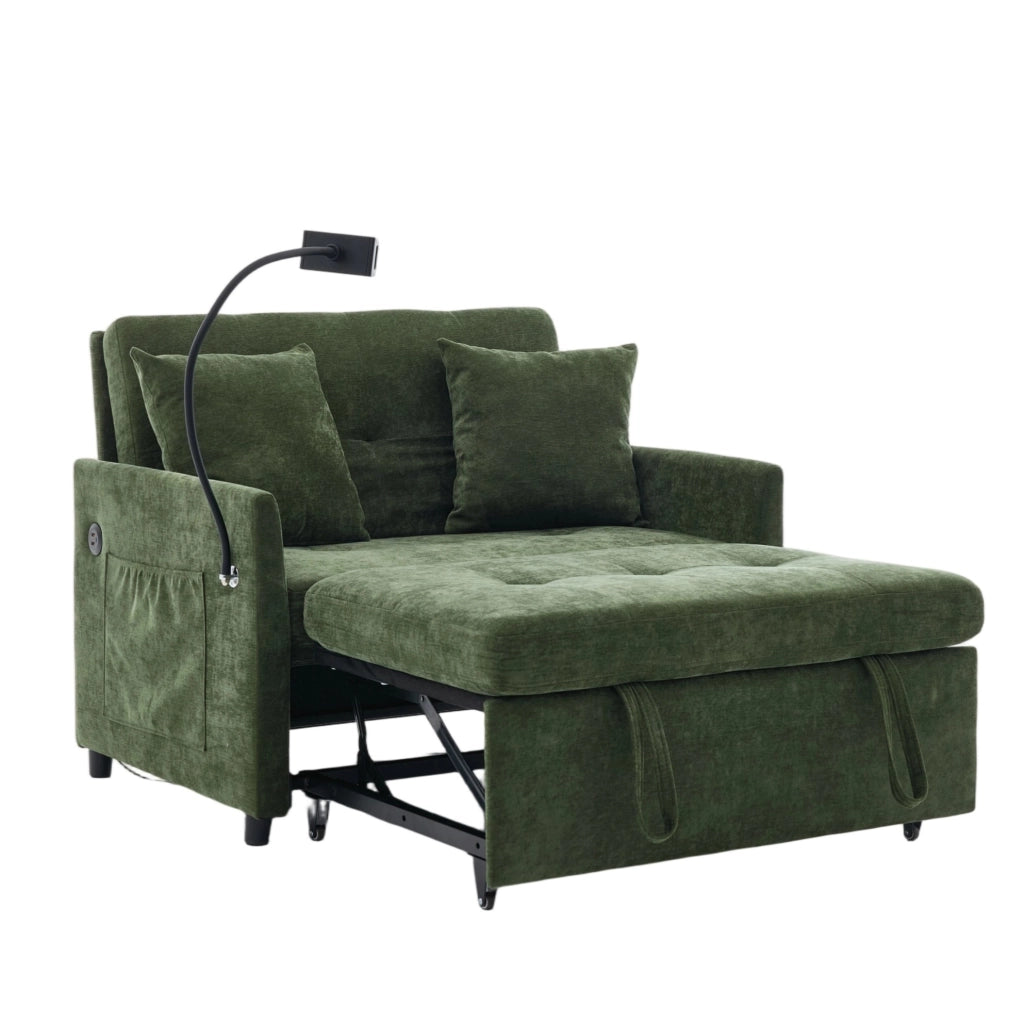 Divano letto singolo pieghevole con USB e supporto tablet verde HOMVRA
