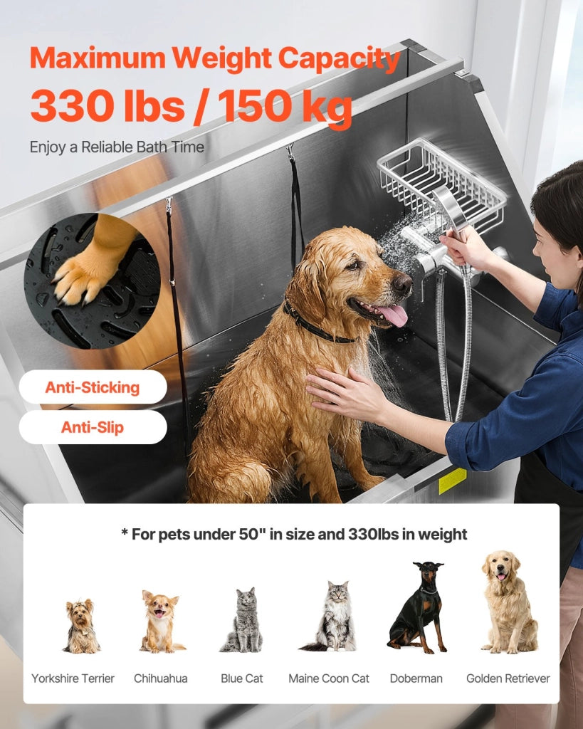 K1E01028 Vasca per toelettatura cani con sollevamento elettrico in acciaio inox argento 127 cm, stazione lavaggio regolabile con porta destra