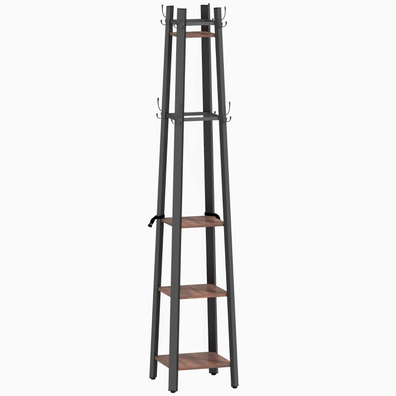 Mobile ingresso con 8 ganci e 4 ripiani - in legno e metallo - 34.8×34.8×179 cm - marrone