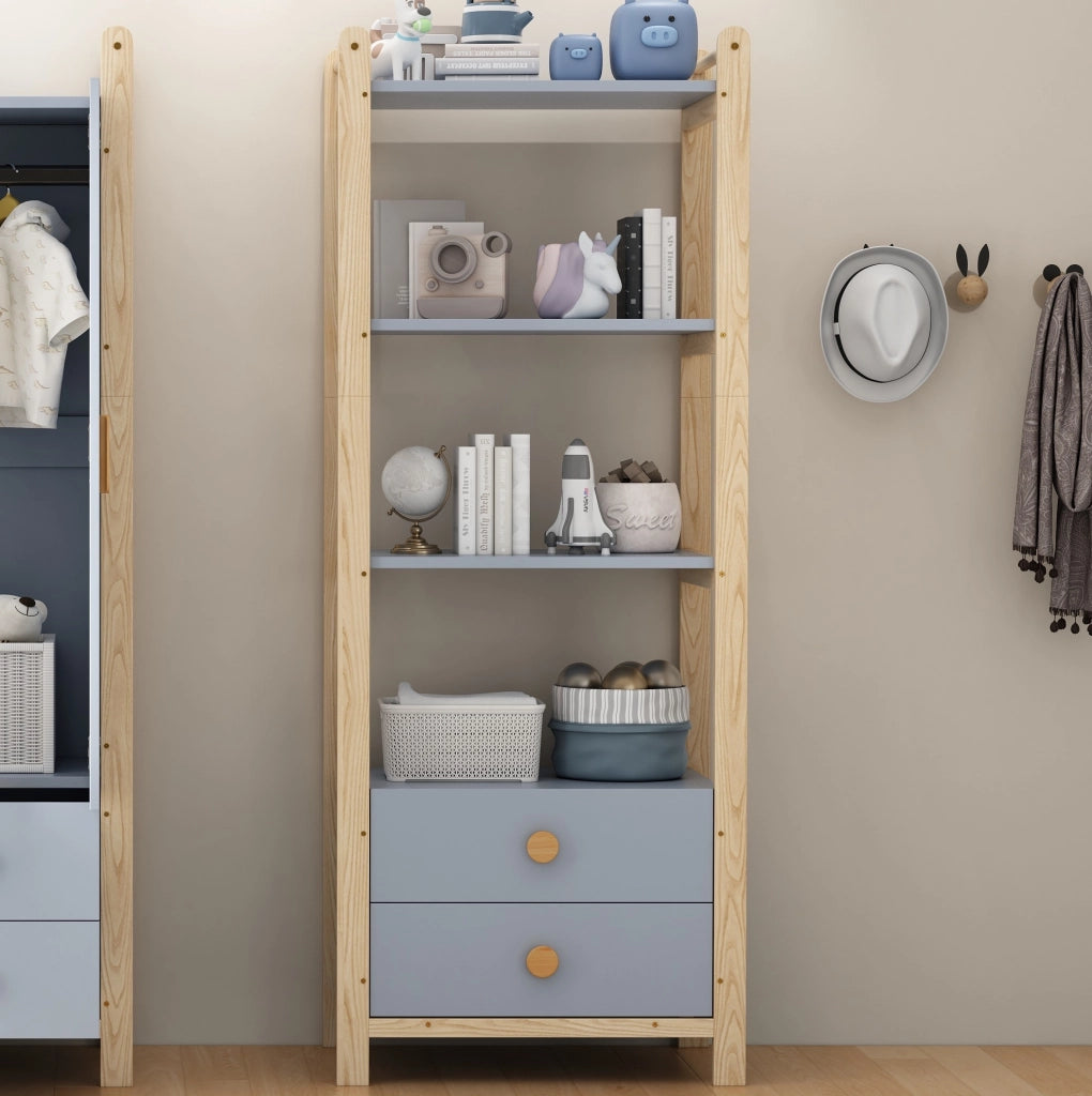 Libreria a scaffale 70x45x180;5 cm con 2 cassetti e 3 ripiani; legno e blu naturale