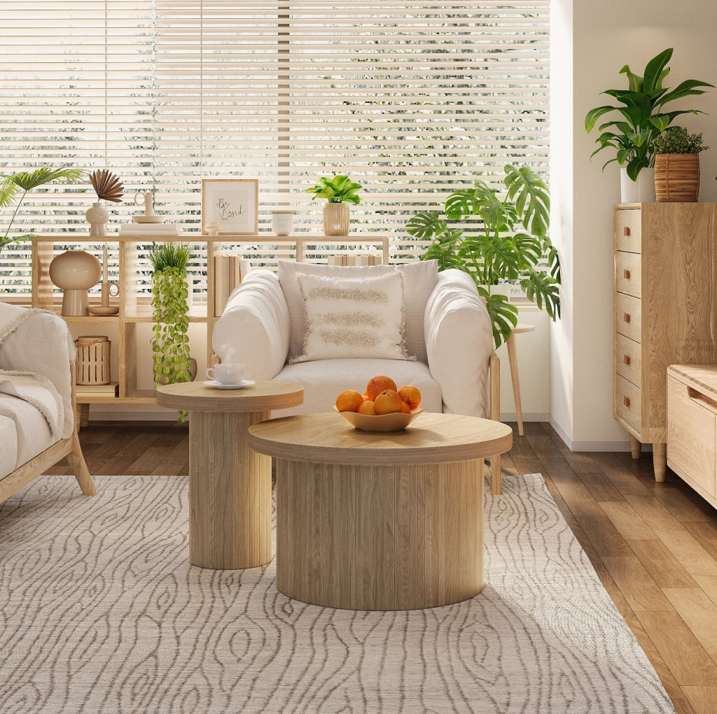 Set di tavolini da caffè rotondi in MDF; naturale; 66 cm e 40 cm