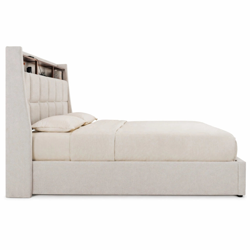 Letto imbottito 140x200 cm beige con LED, USB e contenitore