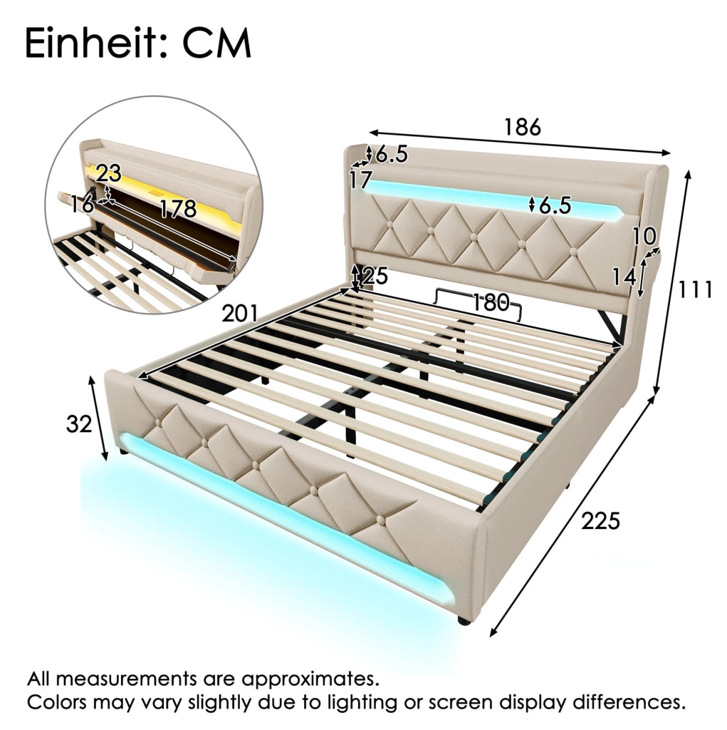 Letto contenitore 180 × 200 cm con LED; USB e Type-C; lino beige
