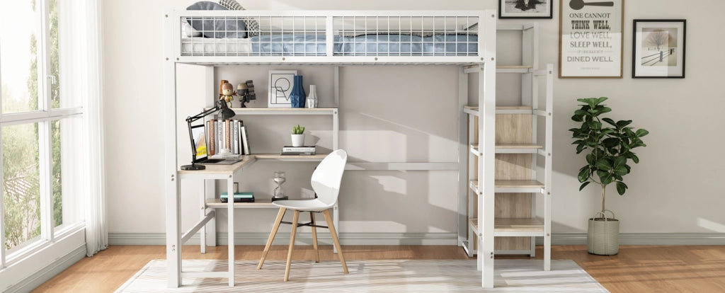 LETTO a soppalco 140x200 cm in MDF e metallo Bianco con scrivania e armadio